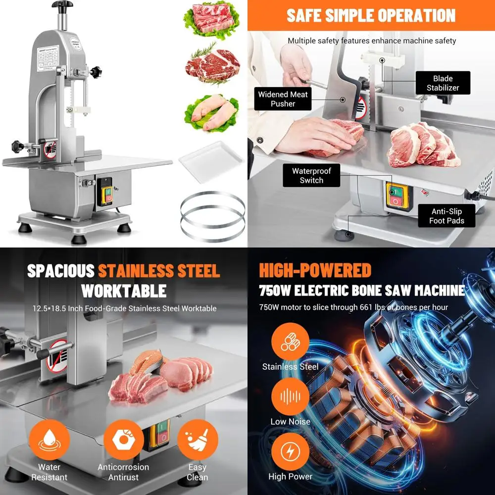 Serra elétrica de carne 750W, máquina de corte de osso, serra de fita de açougueiro 110V com 2 lâminas, capacidade de 0,39-4,3 pés cúbicos