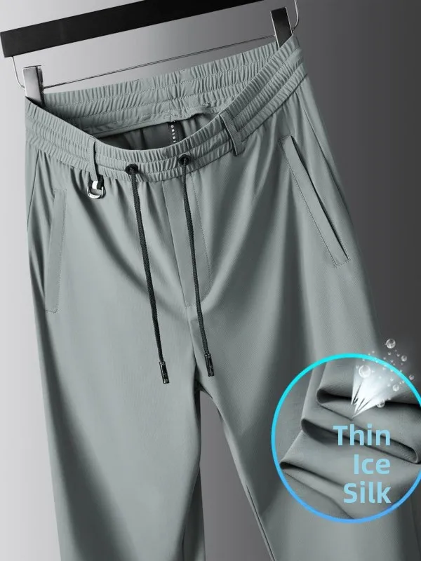 

Мужские повседневные брюки из ледяного шелка, тонкие брюки Qui Dry Spor, летняя одежда, прямые брюки, удобные деловые повседневные брюки со средней талией