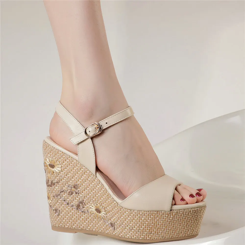 

Platform Pumps Shoes Women Ankle Strap Genuine Leather Wedges High Heel Gladiator Sandals Female Summer Open Toe Casual Shoes