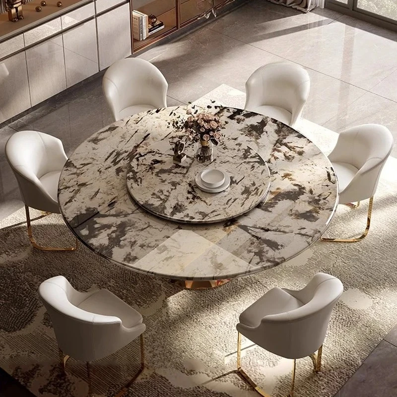 Pure natural luxury stone round dining table and chairs with turntable high-end luxury marble dining table and chairs