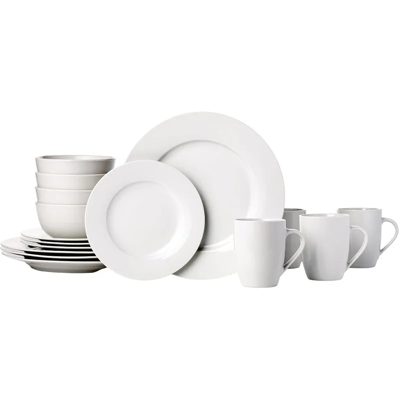 

16-Piece Porcelain Kitchen Dinnerware Set with Plates, Bowls and Mugs, Service for 4 - White