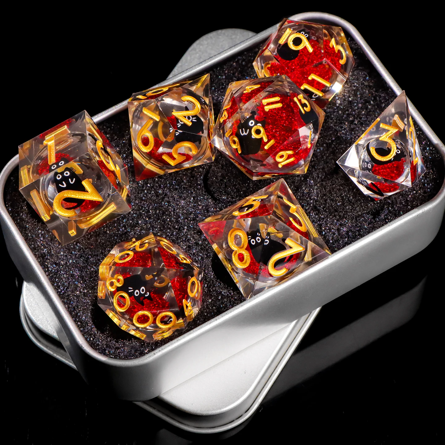 

Набор кубиков с острыми краями «Черный кот», многогранные игральные кости с жидким сердечником для подземелий и драконов, игровые кости DND, уникальный подарок на Рождество