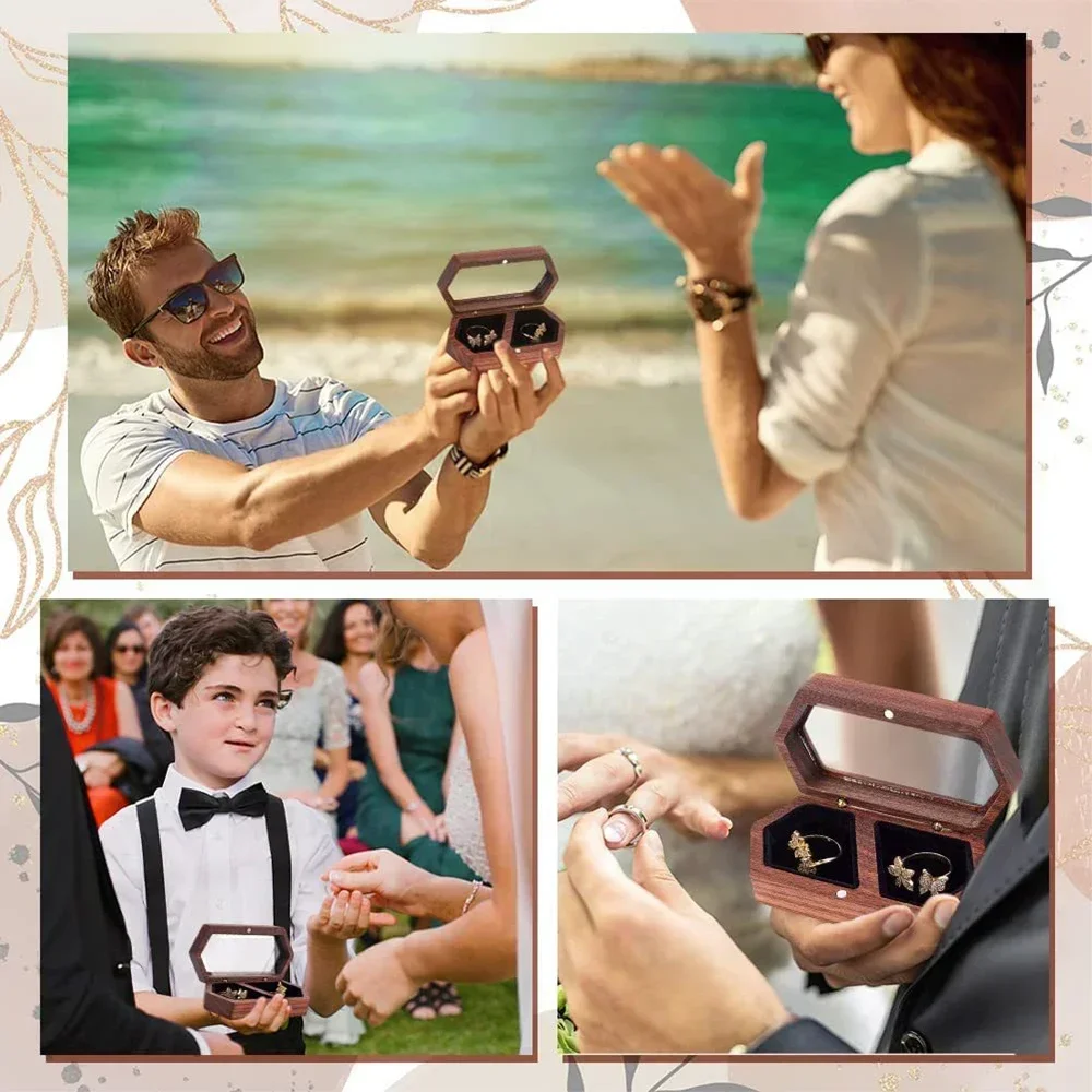 Free Custom Personalized Walnut Wooden Ring Box Engraved Engagement and Wedding Ring Holder Gift for Couples, Brides, and Grooms