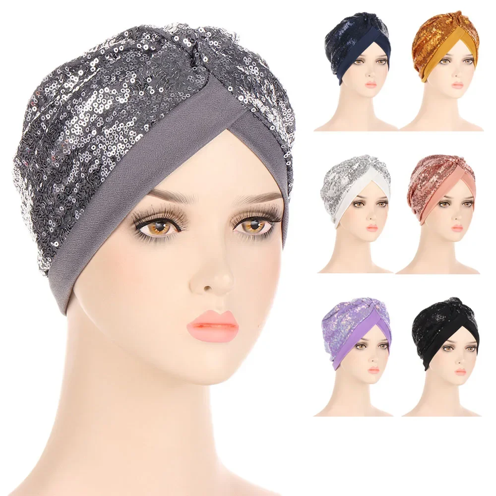 Shiny Glitter Sequins Women Muslim Hijab Chemo Caps Bonnet Headwear Wrap Cancer Hair Loss Hats Beanies Femme Turbante Soid Color