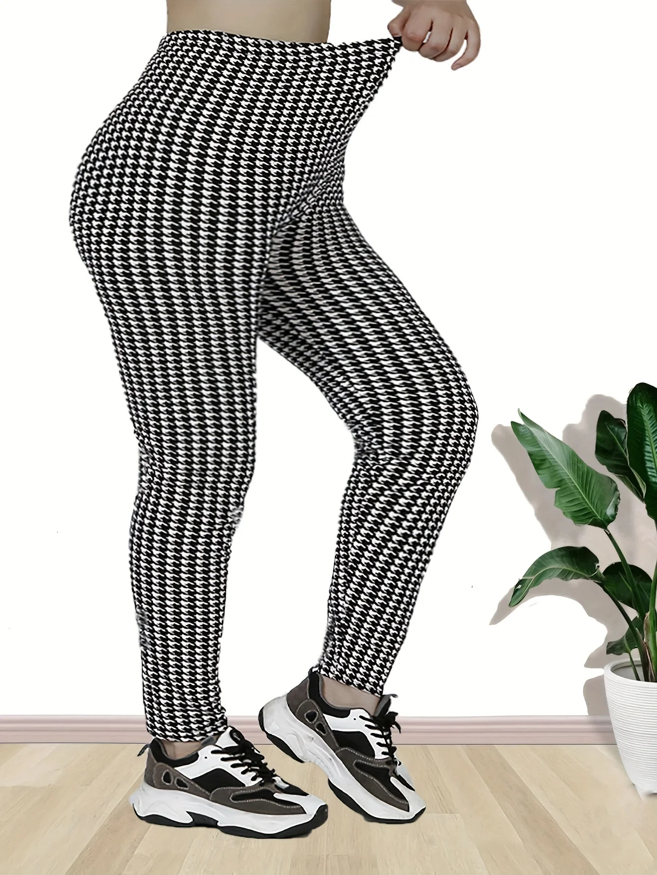 CUHAKCI Plus Size Elastic Casual Leggings Sports Tight Pants Thousand Bird Plaid Comfortable Soft Breathable Cropped Pants