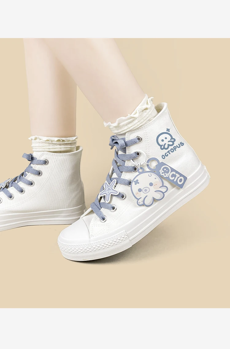 Amy und Michae Kawaii Damen-High-Top-Sneaker aus Segeltuch, niedlicher Oktopus-Cartoon, flache Sohle, Schnürung, tägliche Street-Freizeitschuhe für Mädchen – Detail 9