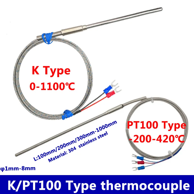Flexible Bending Probe1100 degree PT100/K Type  Ungrounded 1mm 2mm 3mm 5mm  Controller Sheathed Thermocouple Temperature Sensor