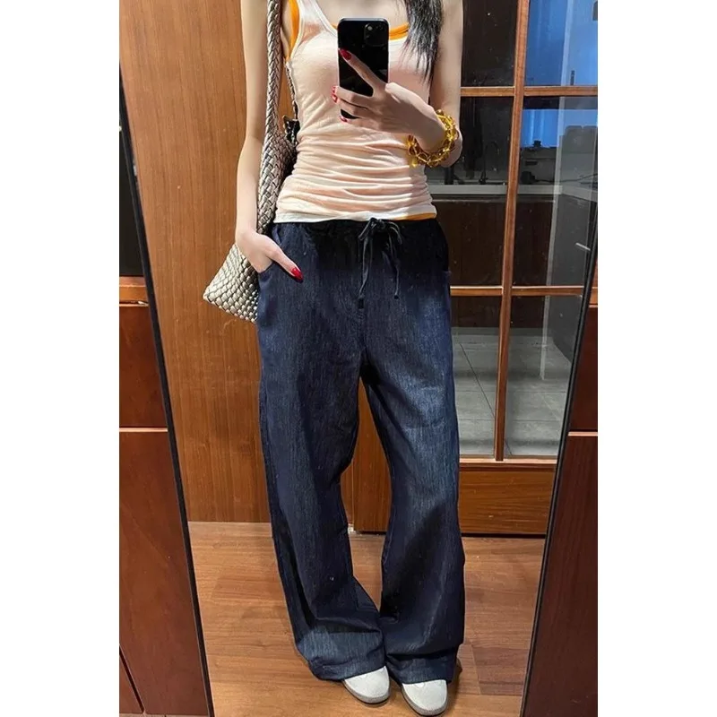 

Женские широкие джинсовые брюки с высокой талией, новые летние корейские джинсы из воловьей кожи с талией, брюки длиной до пола, длинные брюки