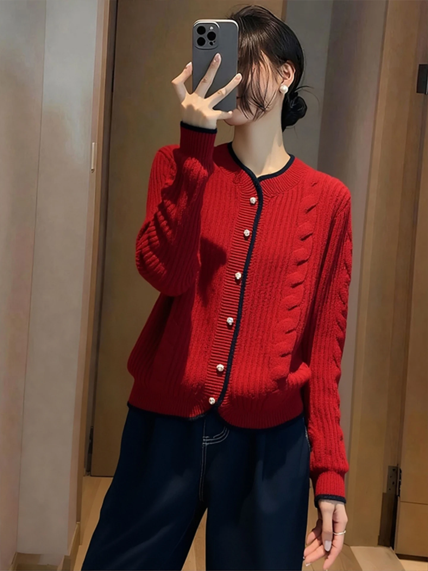 

Winter Knitted Sweater New Year Red Angora Long Sve Slimming Faion Top Commute Simple Sle Korean Version Poem Art Linen