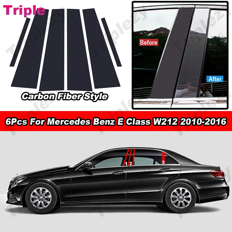 6Pcs Glossy Piano Black Car Door Window B C Pillar Post Cover Trim Carbon Fiber Sticker For Mercedes Benz E Class W212 2010-2016