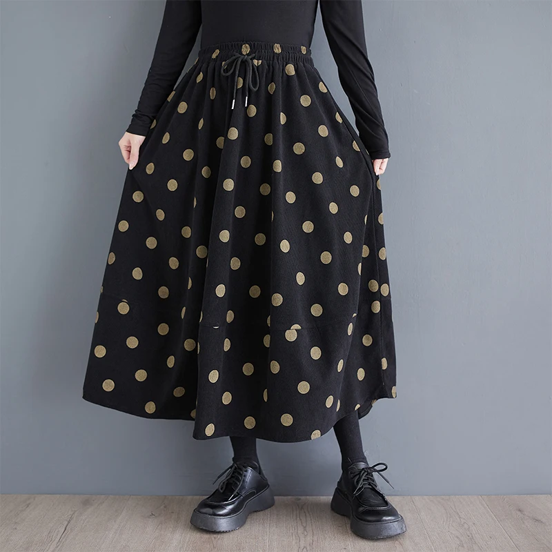Elegant Polka Dot Print Elastic Waist Loose Midi Skirt Women's plus Size A-Line Skirt Moisture Wicking Cotton Polyester Blend