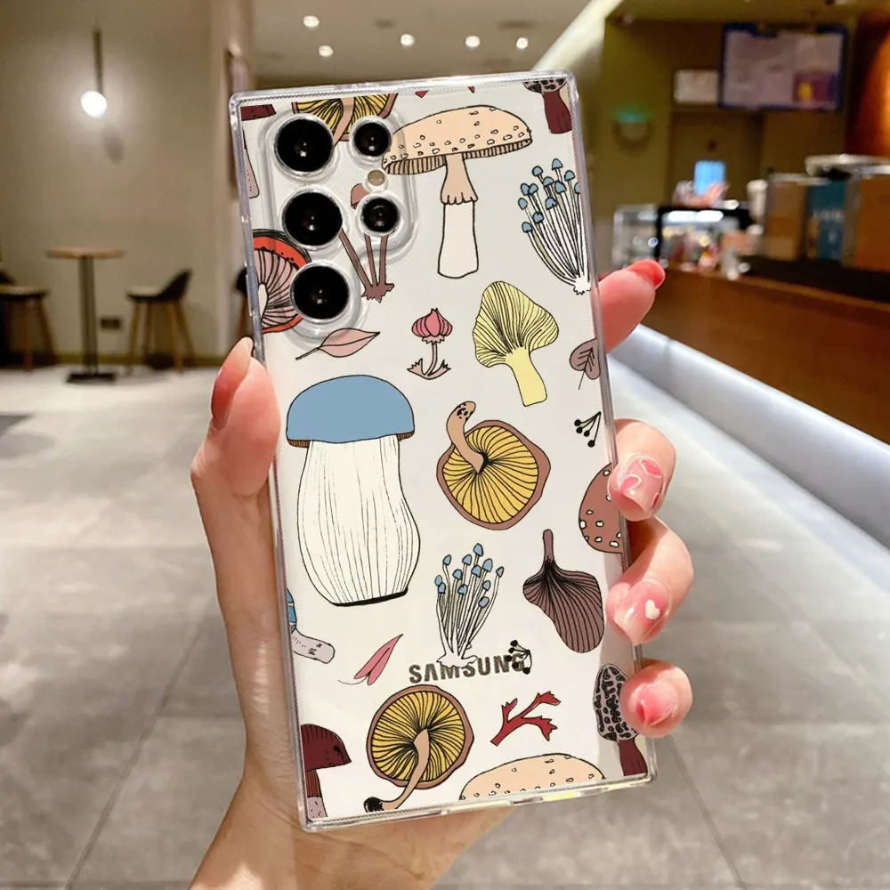 Funny Minimalist Graffiti Mushroom Phone Case for Samsung Galaxy S24 S23 S22 S21 S20 FE Ultra Plus Clear CoverS Art Fundas Shell