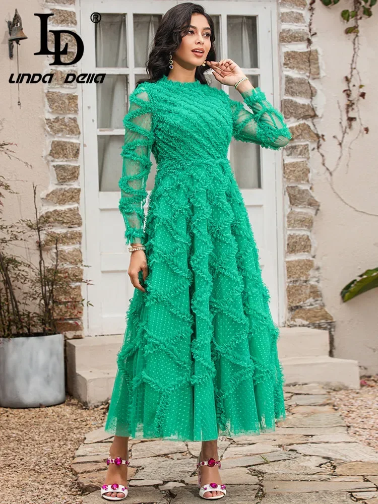 LD LINDA DELLA Fashion Runway Summer Dresses Women Long Sleeve Polka dot Mesh Green Elegant Long Party Dress