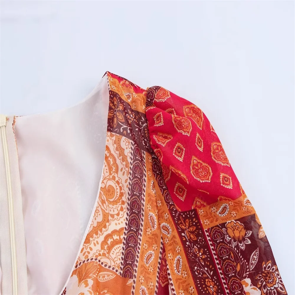   Robe longue à manches longues et col carré pour femmes, avec cravate à la taille imprimée Paisley Orange et rouge, Style bohème, 2025