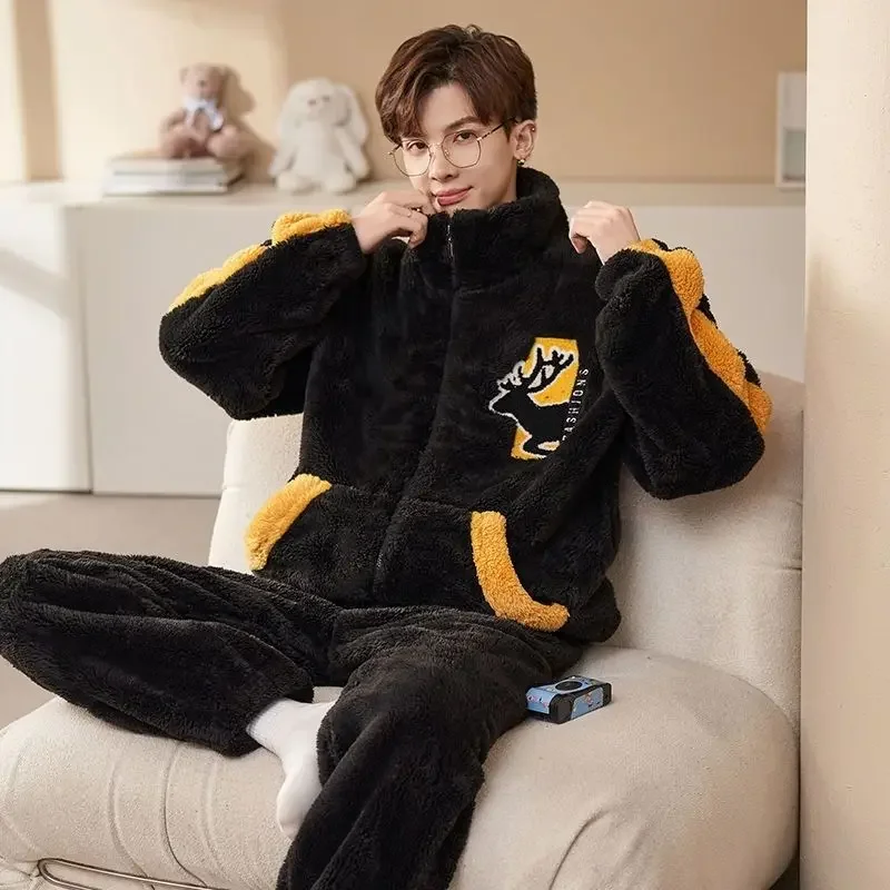 Autumn /Winter Coral Velvet Pajamas Men's Thick Velvet Warm Zipper Set Winter Young Men's Casual Home Wear Can Be Worn Outside