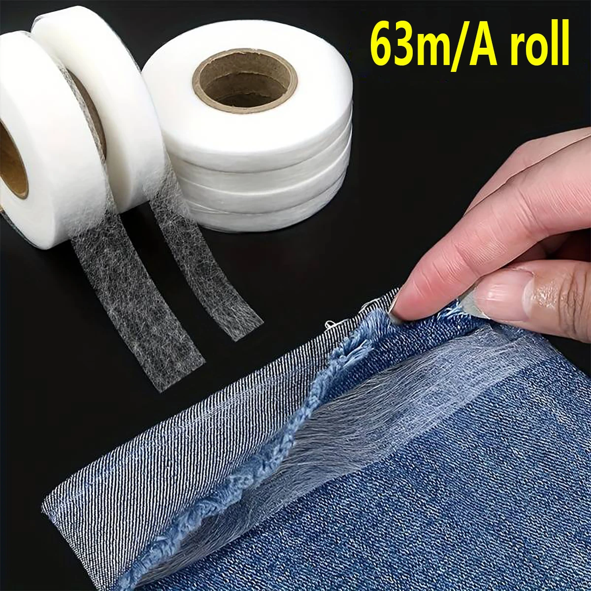 1 rolo de fita termofusível extra longa de 63 m que pode ser cortada e modificada como necessidade de roupas e calças, fita de fio sem costura, fita de ferro, adequada para alugar roupas, calças, jeans e saias