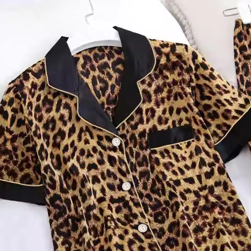 Women Sleepwear Set Rest Summer Autumn Pajama Set Turn Down Collar Faux Silk Satin Short Sleeve Leopard Female Pijama Home Wear