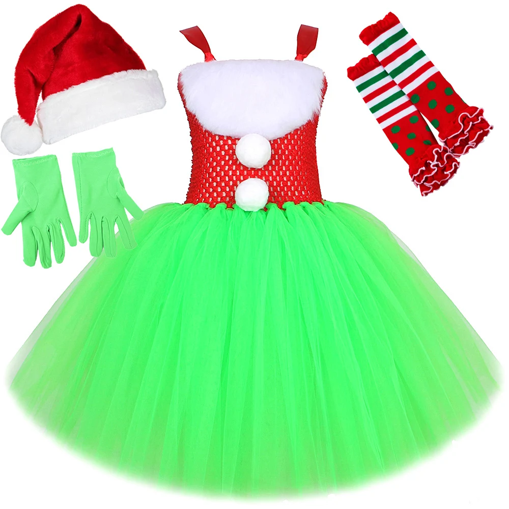 

Santa Claus Grinch Costumes for Girls Father Christmas Fancy Dresses Kids Xmas Cosplay Tutus Outfits Children New Years Clothes