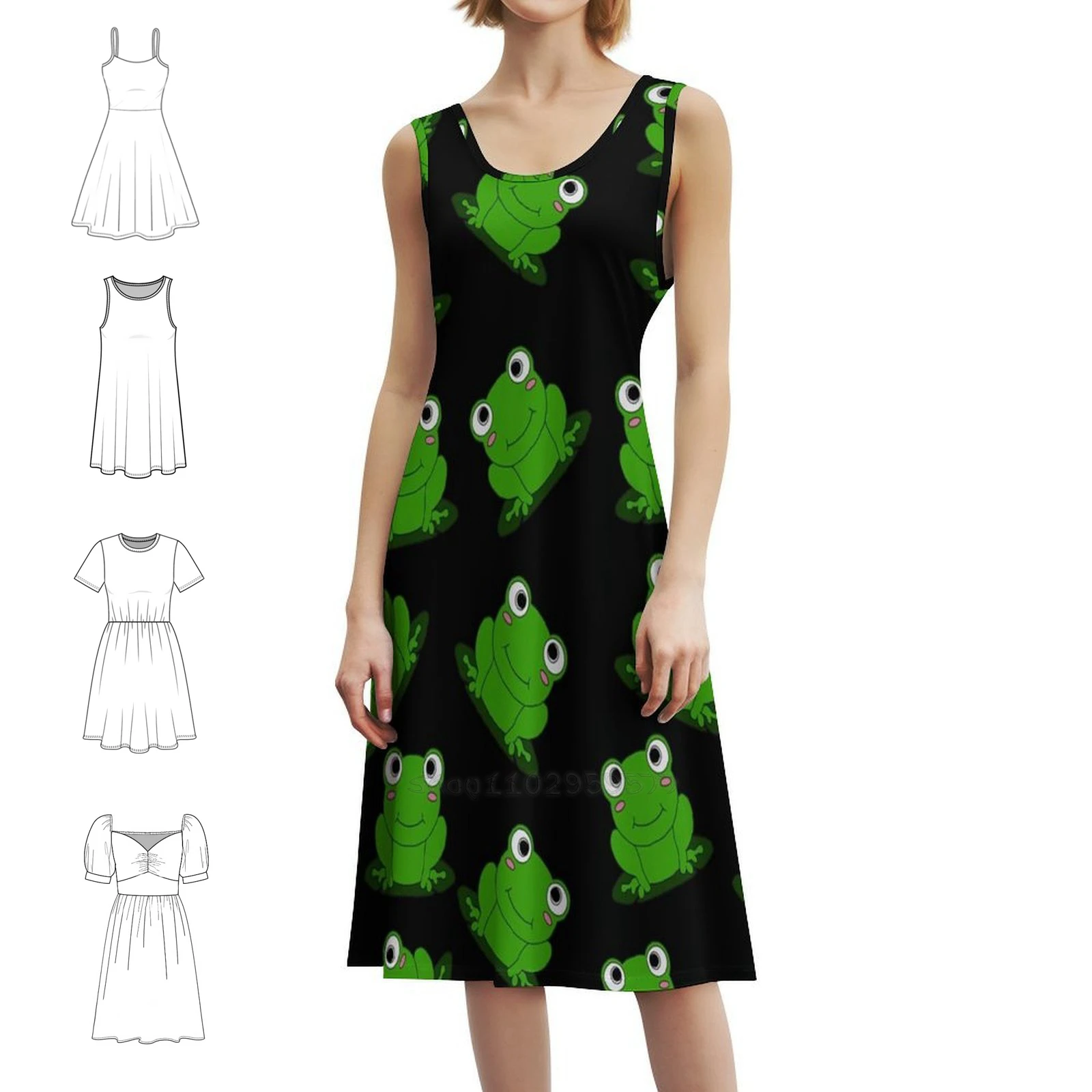 A Cute Frog Design Pattern Vintage Bohemian Dress Puff Sleeve Or Sleeveless Options For Women Dress Frog Pattern Frog Lovers