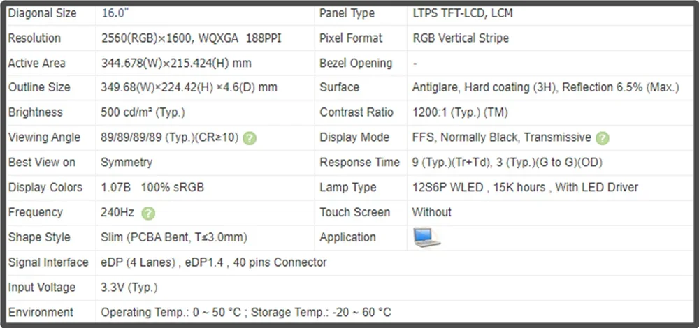 MNG007DA2-1 16.0 inch LCD Screen Slim Display Non-touch IPS Panel QHD 2560x1600 EDP 40pins 240Hz