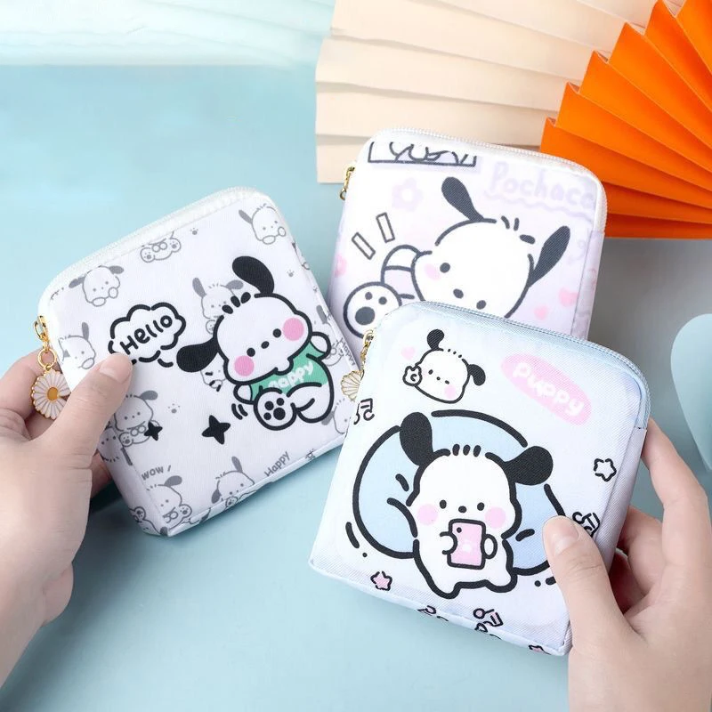 Kawaii Hello Kitty Sanitary Napkin Storage Bag Cartoon Pochacco Travel Portable Makeup Bags Coin Purse Lipstick Earphone Bags