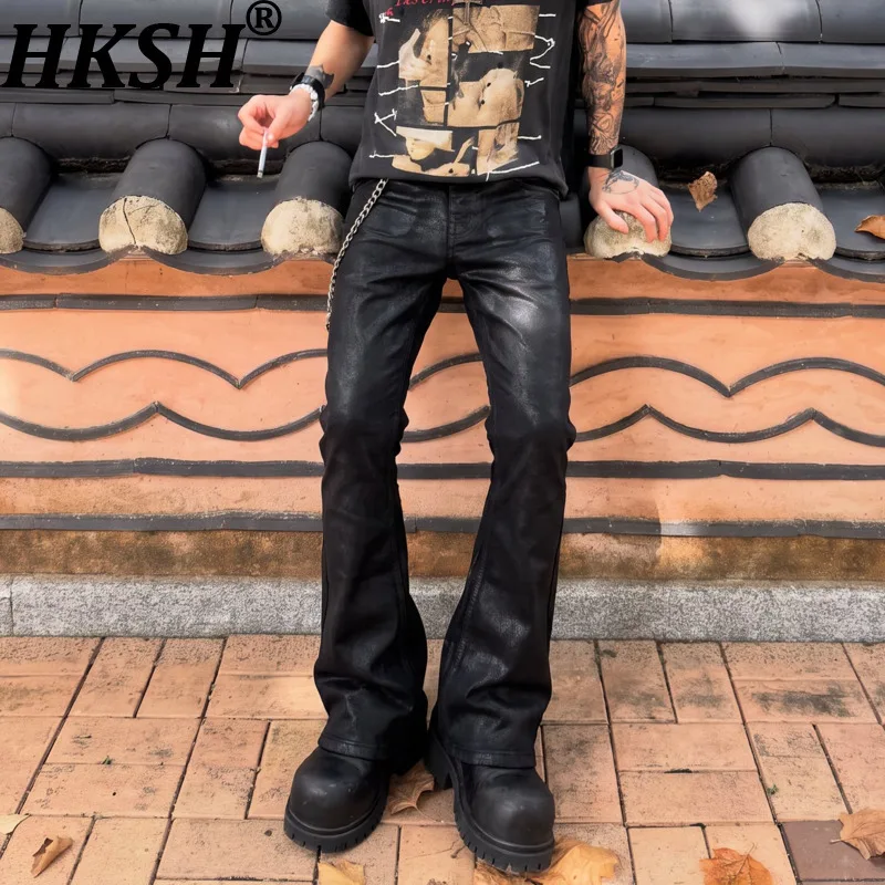 HKSH Spring Autumn New Men Tide Chic Dark Jeans Coated Handmade Waxed Skinny High Street Slim Stretch Flared Denim Pants HK28266