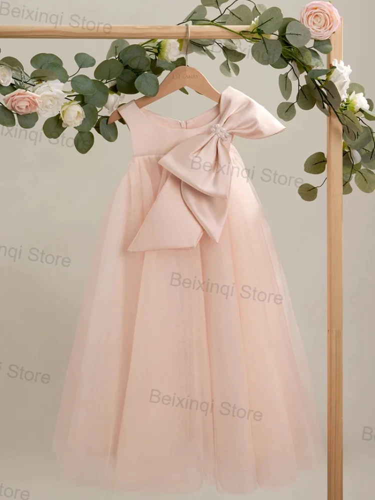 Girl Baby Christening Dress Pink Tulle High Waist Satin Long Skirt Low Price Direct Selling Kids Communion Birthday Ball Gown