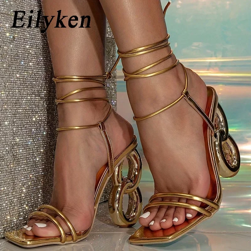 Eilyken Sexy Women Summer Sandals Design Fretwork Heels Ankle Strap Banquet Fashion Open Toe Club Lace Up Stripper Ladies Shoes