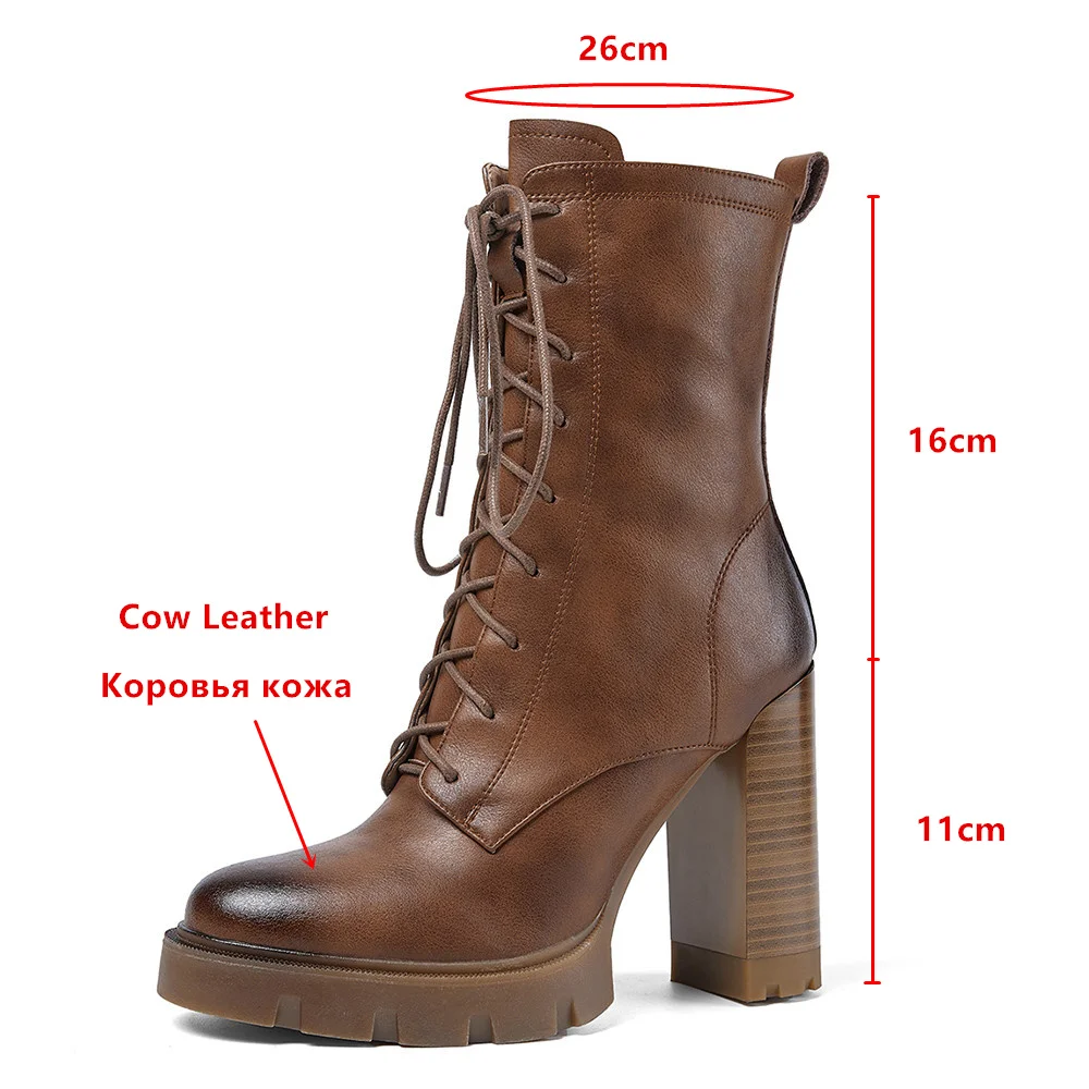 MILI-MIYA Fashion Super High Thick Heels Women Cow Leather Ankle Boots Round Toe Solid Color Zippers Big Size 34-40 Handmade