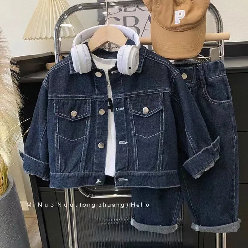 Children\'s Small And Medium-sized Children\'s Set 2024 Spring New Boys And Girls Denim Set Korean Version Solid Color 2 Pcs