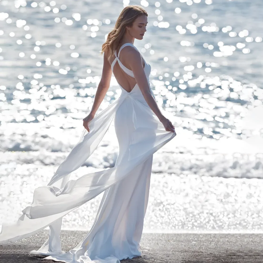 Beach V-Neck Simple Wedding Dress 2023 Open Back Boho Wedding Gown Plain Long Train  For Women Custom Made To Measures For Women