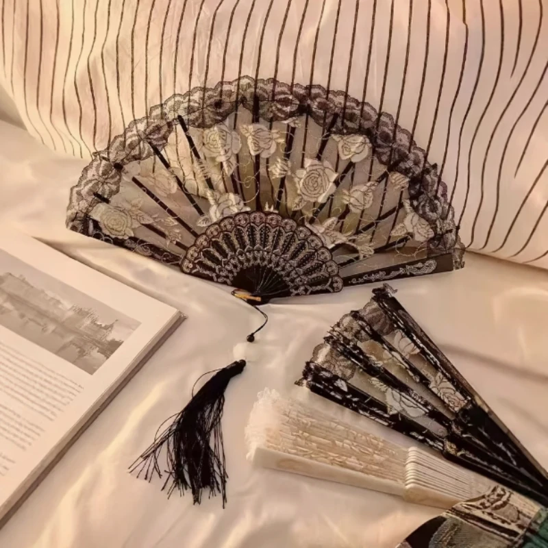 Black Lace Rose Embroidery Hand Fan W/ Tassel, Gothic Victorian Vintage Fan, Wedding Bridal Lolita Cosplay Photo Accessories view 5