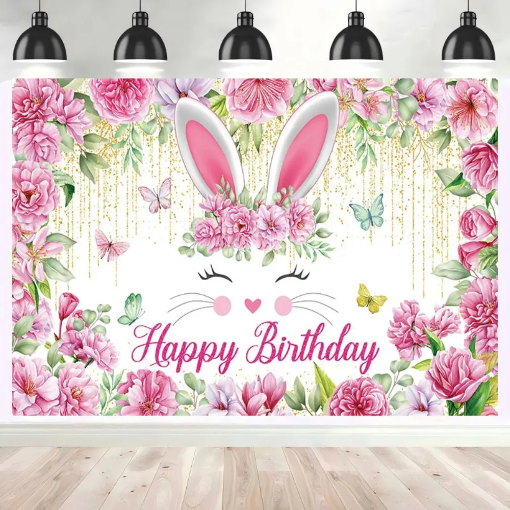 Bunny Happy Birthday Backdrops Rabbit Spring Easter Eggs Grass Butterfly Child Birthday Party Decor Cake Photography Background