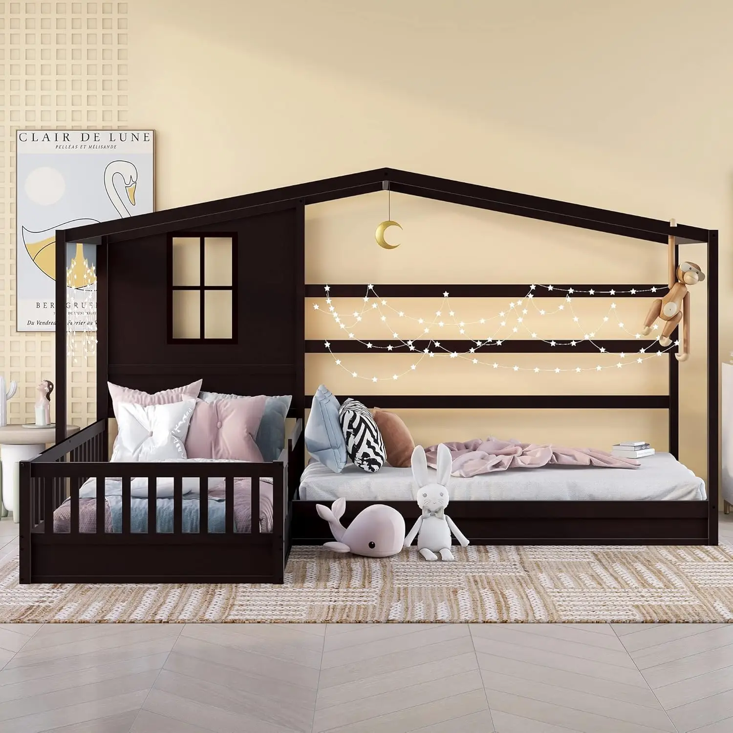 Letto a forma di L per 2 bambini, letti per la casa di dimensioni doppie, letto a doppia piattaforma, struttura letto angolare in legno Montessori con binari e decorativi