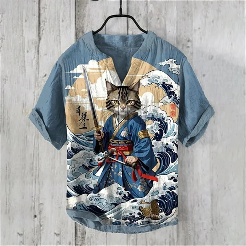 

New Summer Men's Short Sleeve Polo Shirt Linen Print Shirt Trendy Elements Original Plus Size Clothing