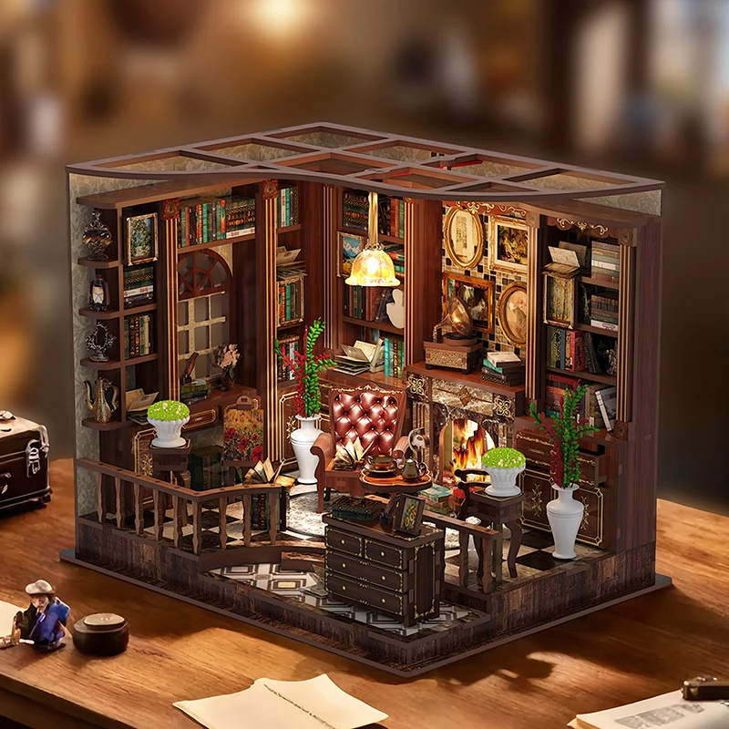 Retro DIY บ้านตุ๊กตาไม้ตุ๊กตา Miniatures ชุดไฟ LED ตกแต่งโต๊ะหน้าแรกสําหรับผู้ใหญ่ Handmade ของขวัญตุ๊กตา