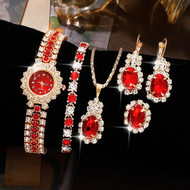 Luxury Watch Women Ring Necklace Earring Rhinestone Fashion Wristwatch Casual Ladies Bracelet Watches Jewelry Set Clock