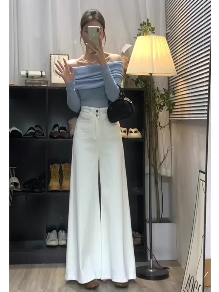

High Waist Wide Leg Jeans Women's Loose Straight Long Pants Spring Autumn New Style Double Button Slimming White Denim
