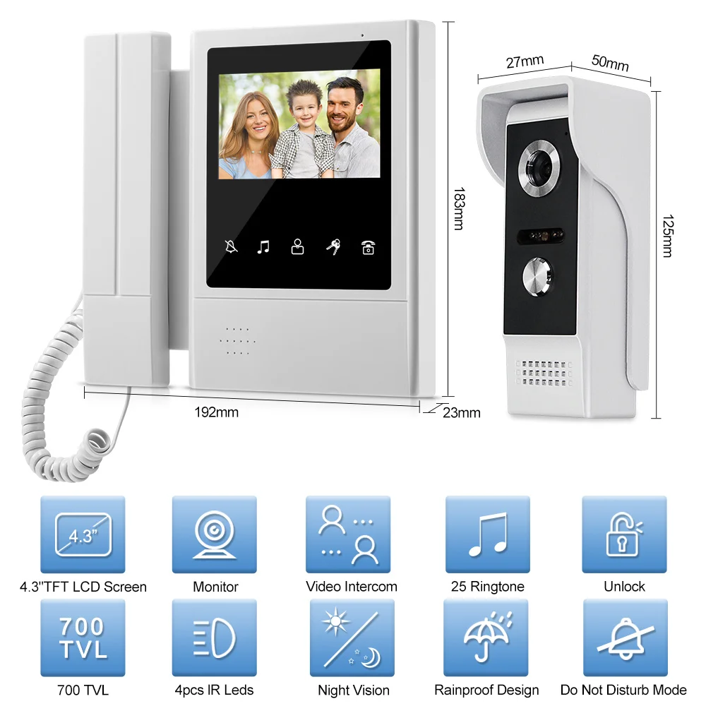 Wired 4,3 zoll Video Türklingel Intercom System Handheld Tür telefon Monitor Wasserdichte Outdoor Kamera Farbe 700TVL Nachtsicht