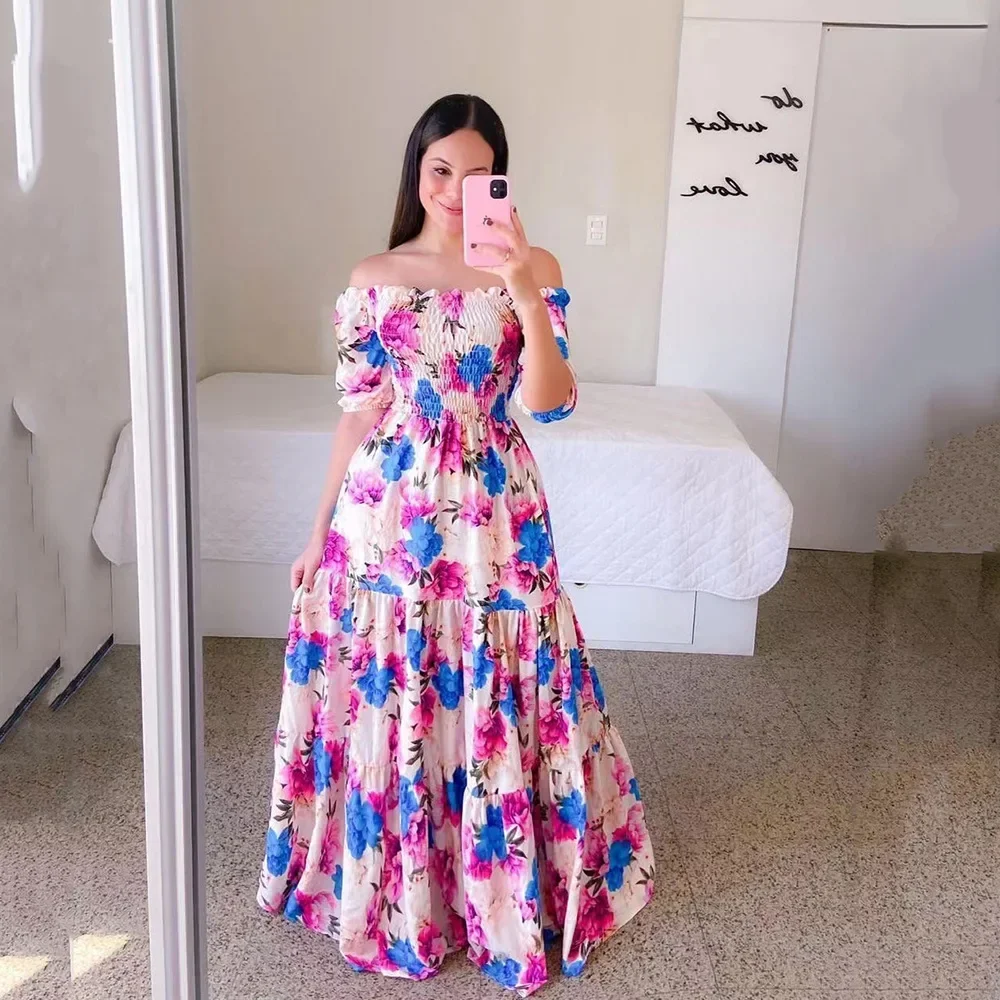 Fashion Womens Rainbow Long Dress Sexy Off Shoulder A-line Floral Printed Maxi Dresses Boho Retro Party Evening Vestidos Female