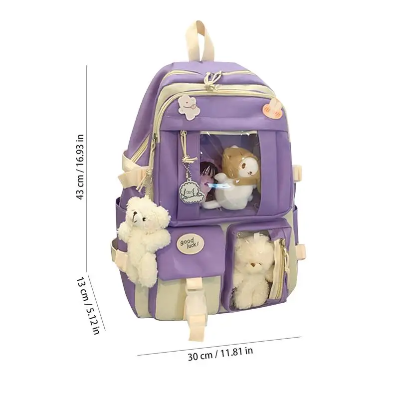 Süßer kawaii rucksack für schule 5 teile/satz leinwand schul rucksack kawaii mittels chüler buchtasche mit niedlichen nadeln und anhängern für