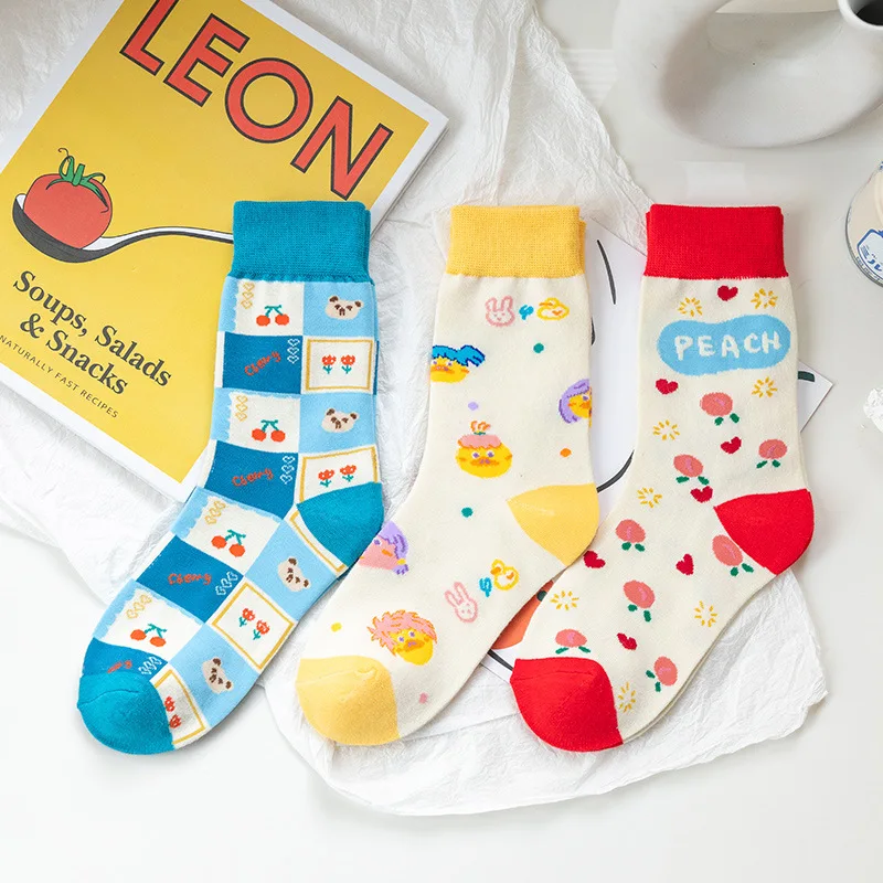 

Женские носки, хлопковые короткие носки с изображением вишневого медведя, фруктов, женские носки средней длины на весну и осень, милые корейские и японские милые носки в стиле Харадзюку, подарок для девушек