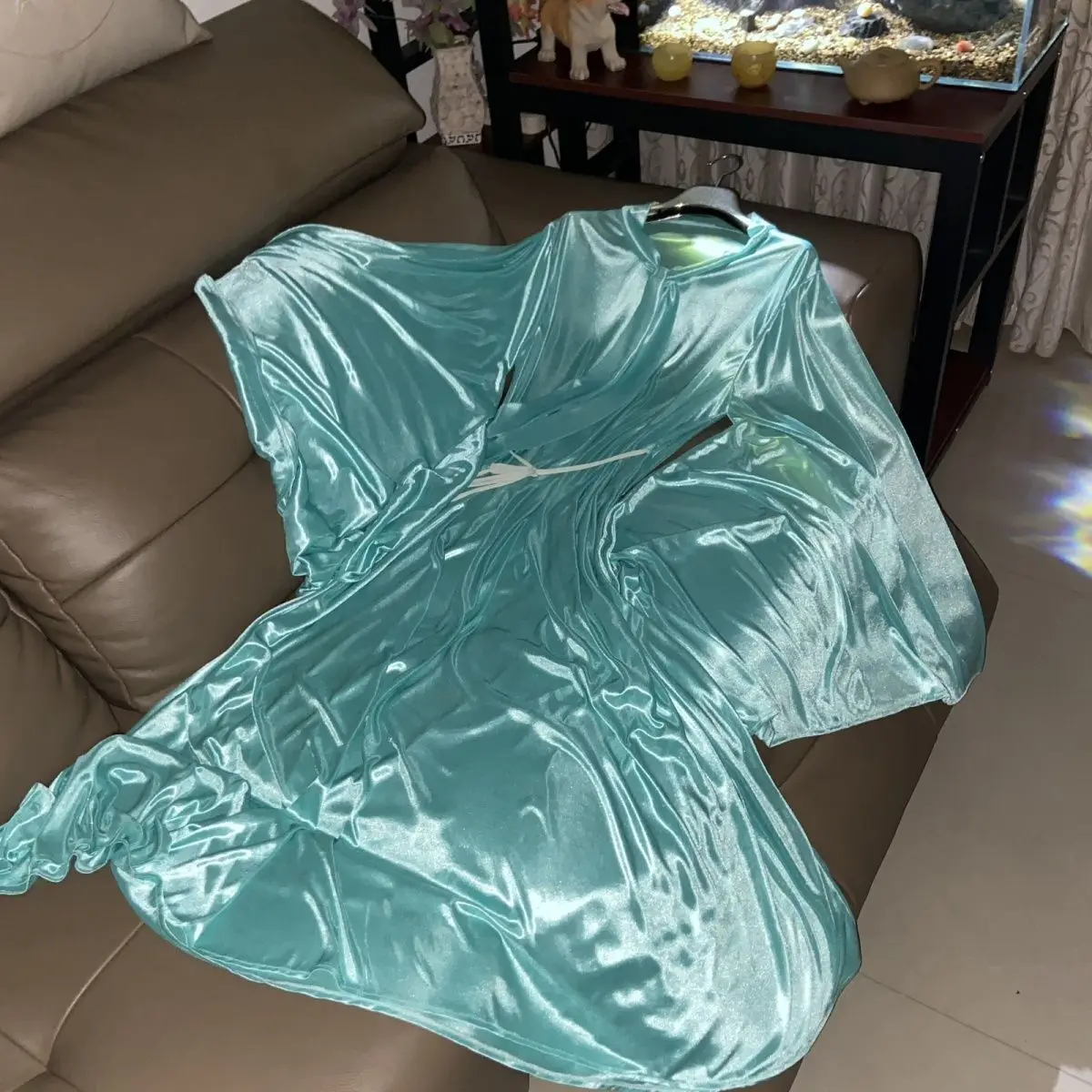 Glanzende dames satijn zijde lange mouw jurk losse maxi-jurk plus size slaappyjama gewaad