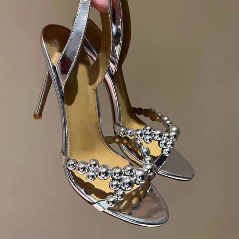 Women's Metallic Stiletto Sandals Silver Bead Detail Open Toe Glam Chic Style for Summer Evening Events Forward Party Looks