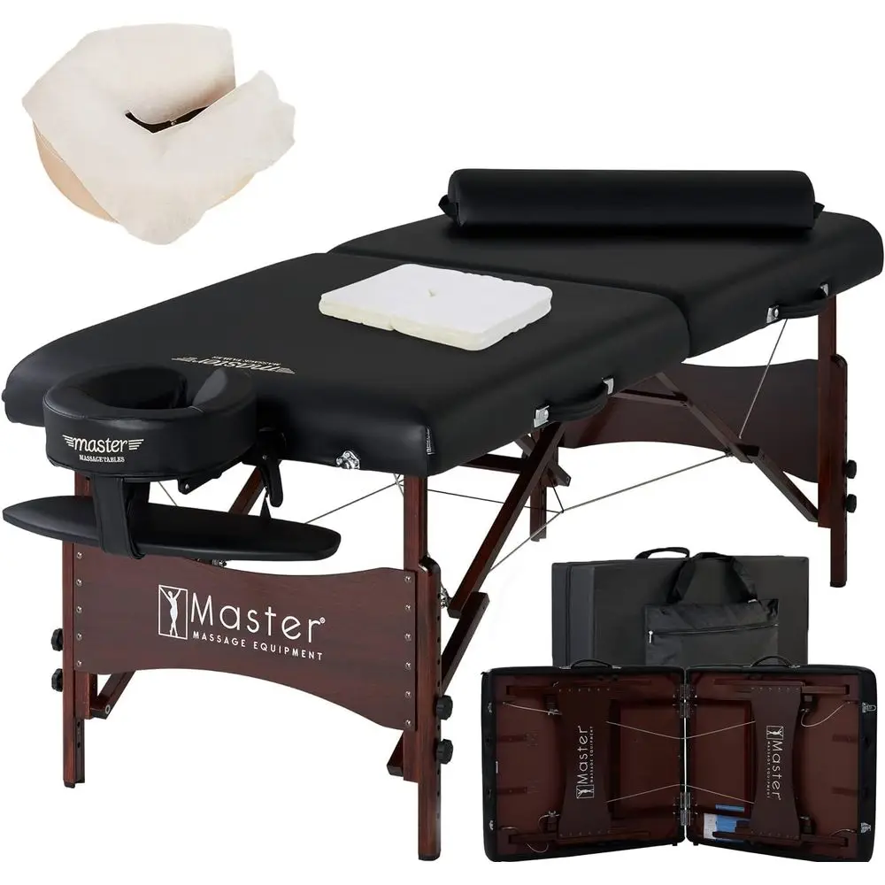 

Portable Roma II Massage Table with 2.5 Padding, Round Bolster, Disposable Cover, 30 Black Beauty Bed for Tattoos & Lashes