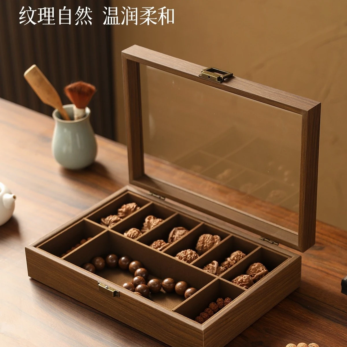 Luxury Large Capacity Wooden Storage Box Lion Head Walnut Bracelet Bead Ornament Collection Display Organizer Case Grid