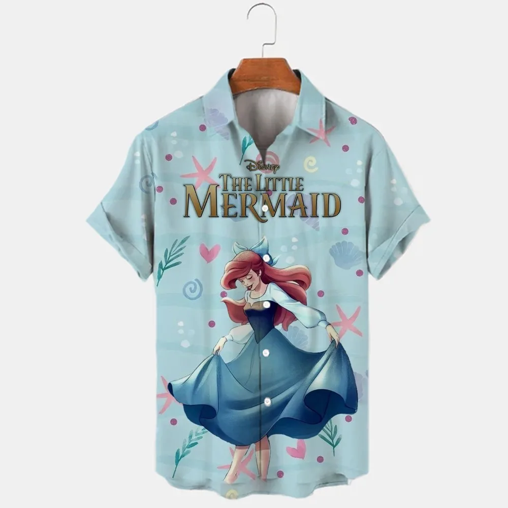 Hot Sale Ariel Mermaid Anime Disney Brand Harajuku Fashion Casual Summer New Street Men's Lapel Short Sleeve Shirt