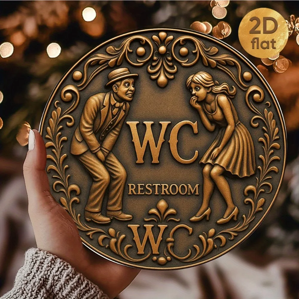 Vintage "WC Restroom" Round Iron Sign Elegant Couple Art, Bathroom Bar Decor, Easy Hang - view 4