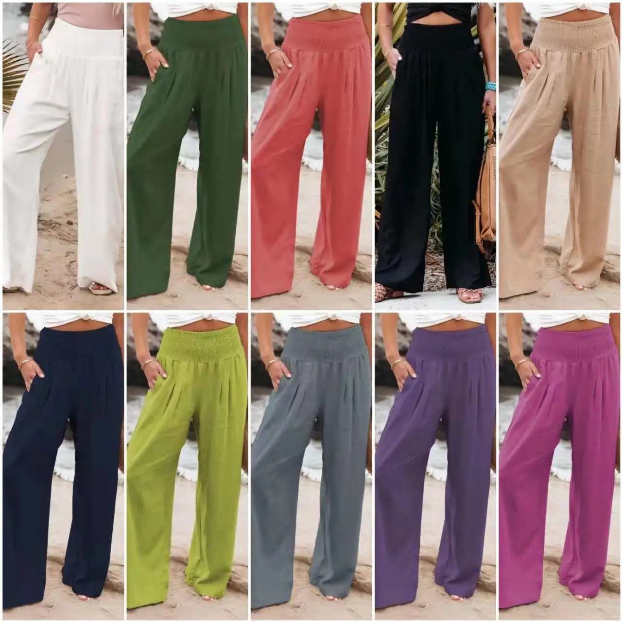 2024 Spring/Summer Women's Clothing Cotton and Hemp Solid Color Elastic Waist Wide Leg Pants Casual Pants Women's Pants