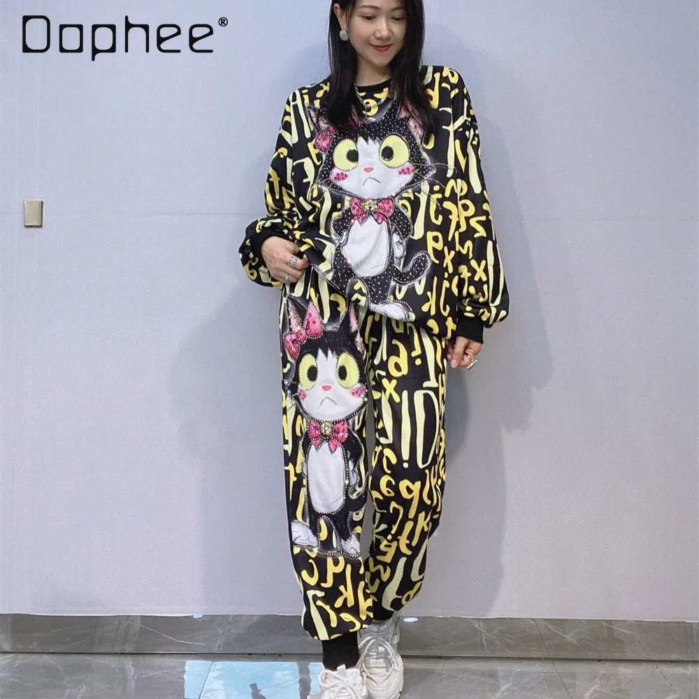 

Fashion Cartoon Print Rhinestone Round Neck Sweatshirts and Pants Set Autumn Top and Pants Two-Piece Streetwear for Women